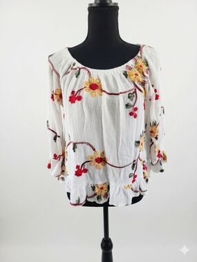 Boho Embroidered White Peasant Blouse with Yellow & Red Floral Detail